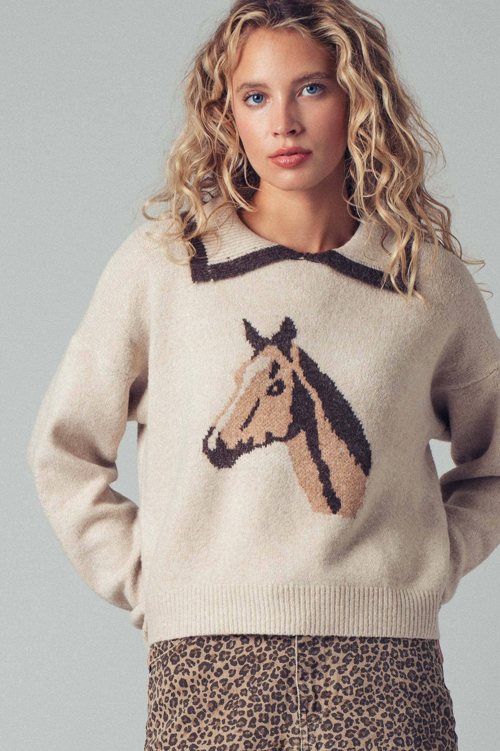 Urban Daizy Equestrian Horse Intarsia Knit Sweater Taupe Knit Sweater - Women's (UDZ-OT-00357) – alternate view 2