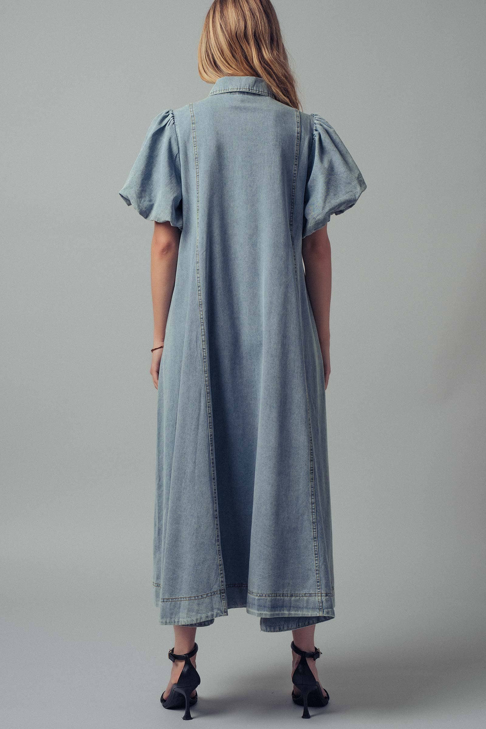 Urban Daizy Puff Sleeve A-Line Denim Maxi Dress Lt-Denim Dress - Women's (UDZ-DR-00392) – alternate view 4