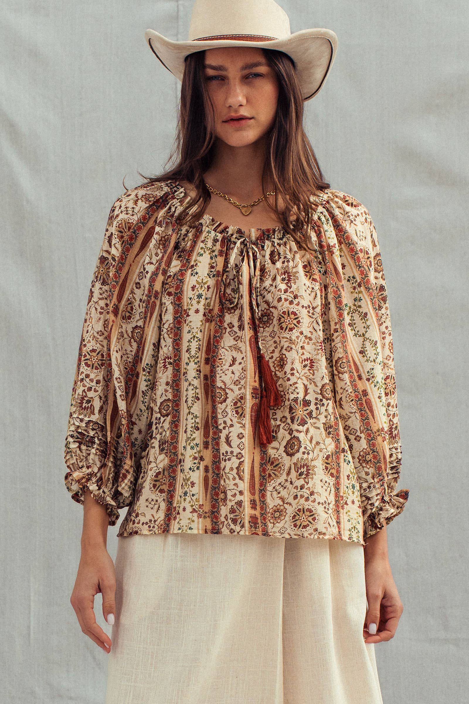 Urban Daizy Boho Off-Shoulder Floral Stripe Blouse Brown-Multi Blouse - Women's (UDZ-TP-01030) – alternate view 4