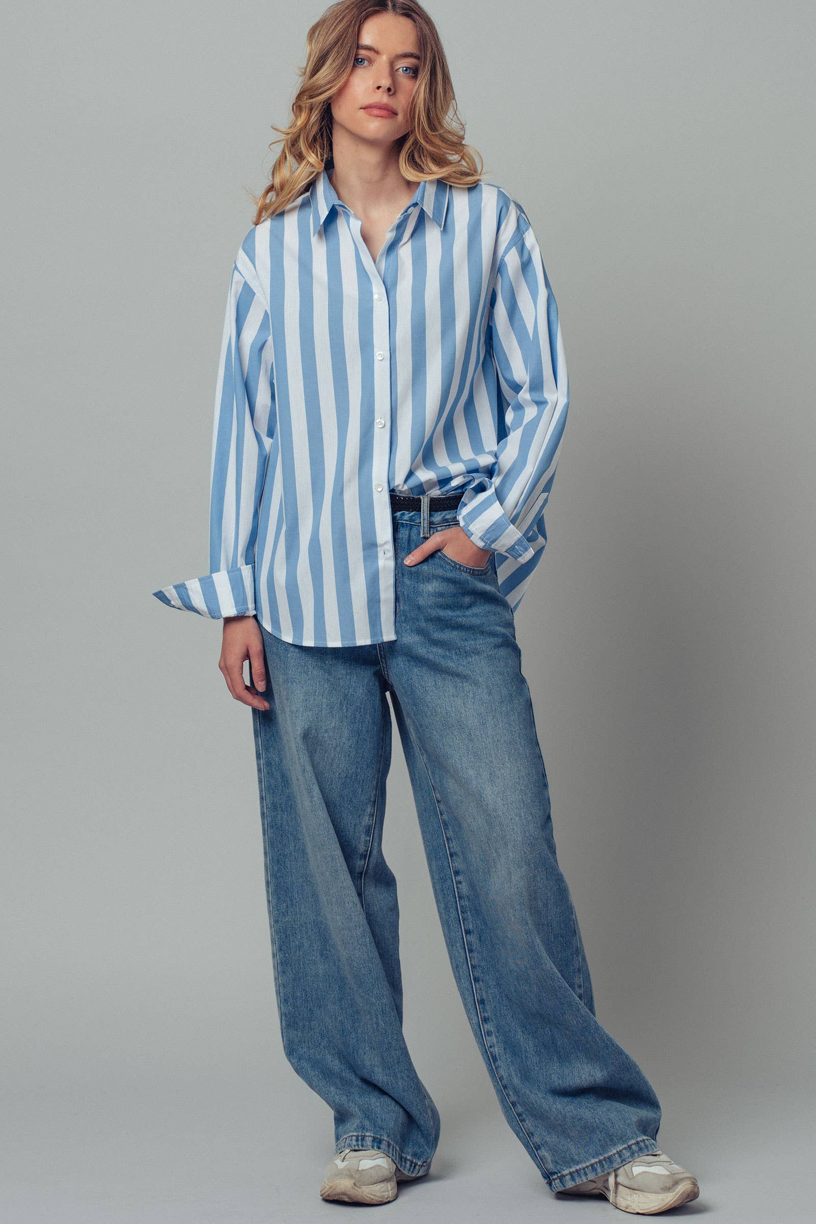 Urban Daizy Oversized Stripe Button Down Collared Shirt Blue Button Down Shirt - Women's (UDZ-TP-00759) – alternate view 7
