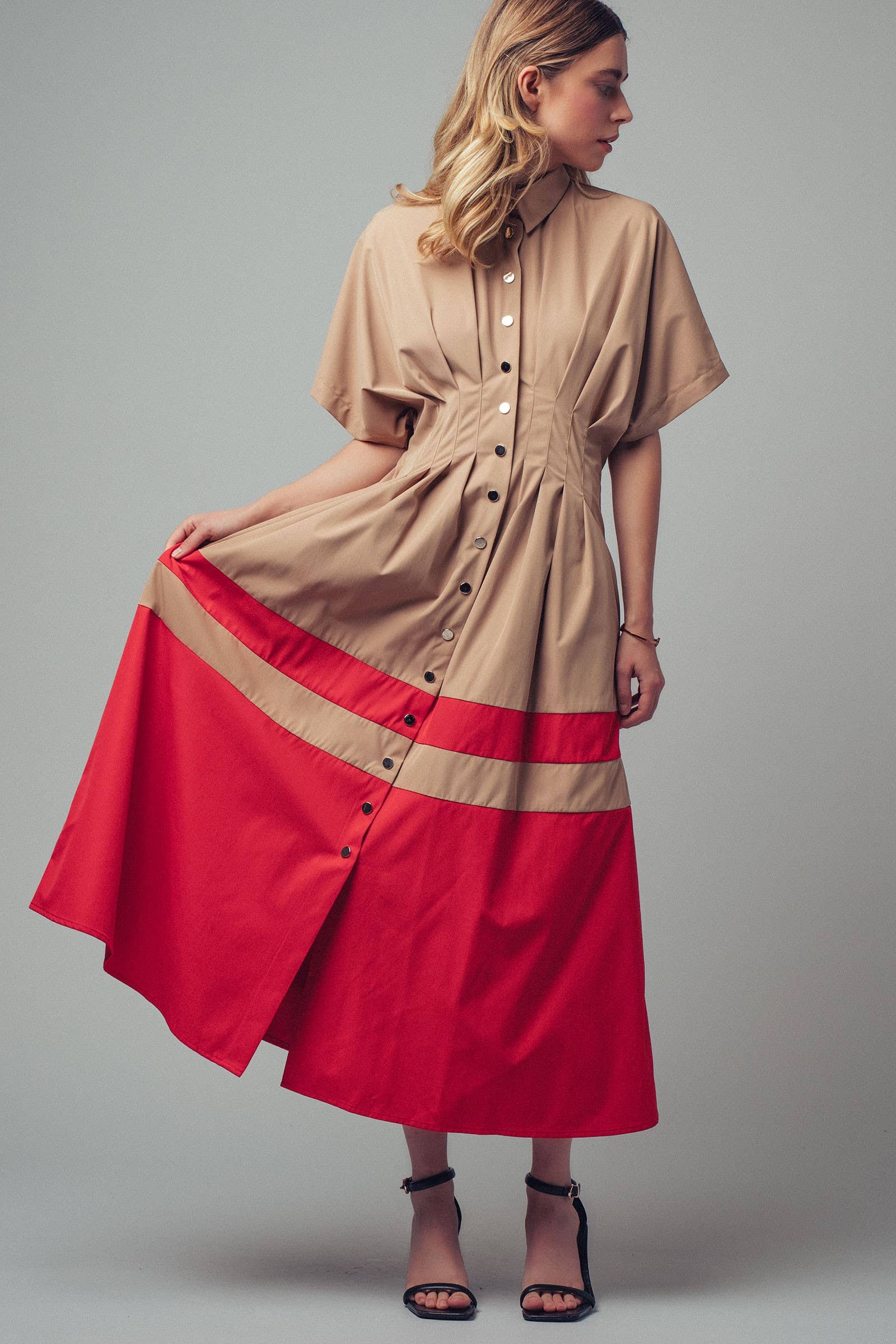Colorblock Button-Up Cotton Midi Dress