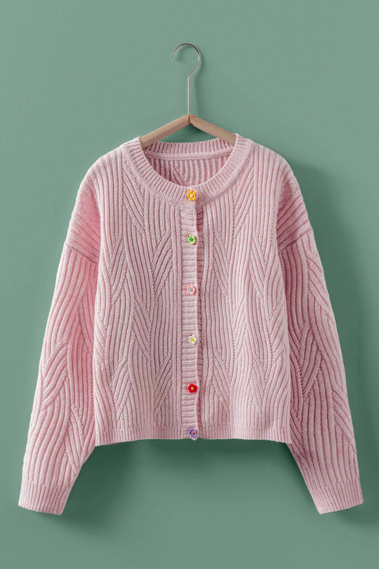 Flower Button Textured Knit Cardigan