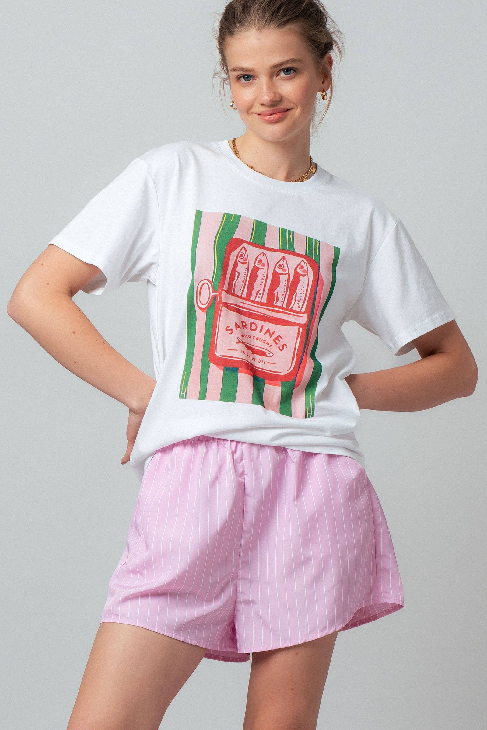 Sardine Graphic Tee and Striped Shorts Set
