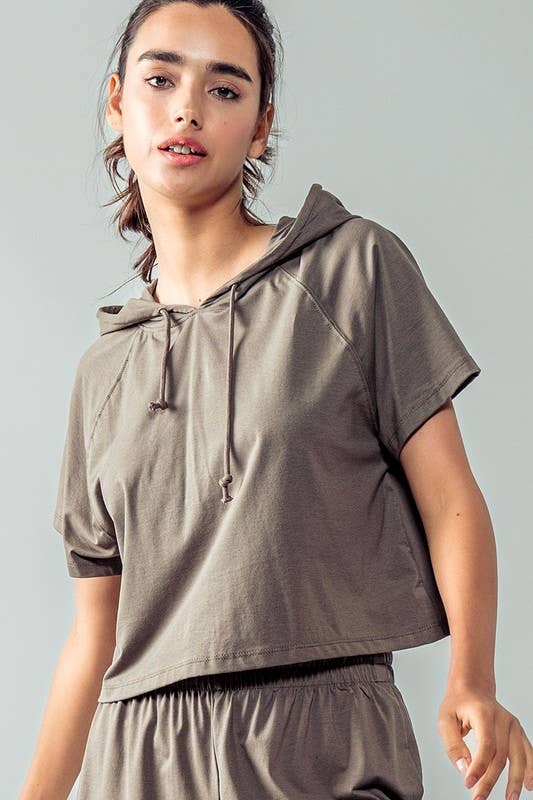 Urban Daizy Cropped Short Sleeve Drawstring Hooded Pullover Top Black Hoodie - Women's (UDZ-KN-00341) – alternate view 14