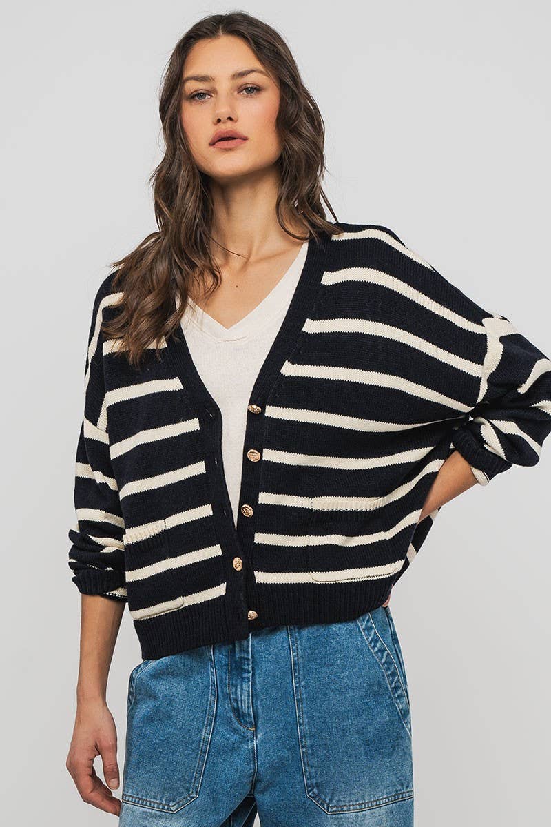 Urban Daizy Striped Cropped V Neck Embellished Button Cardigan Navy Ivory Cardigan - Women's (UDZ-KN-00501) – alternate…