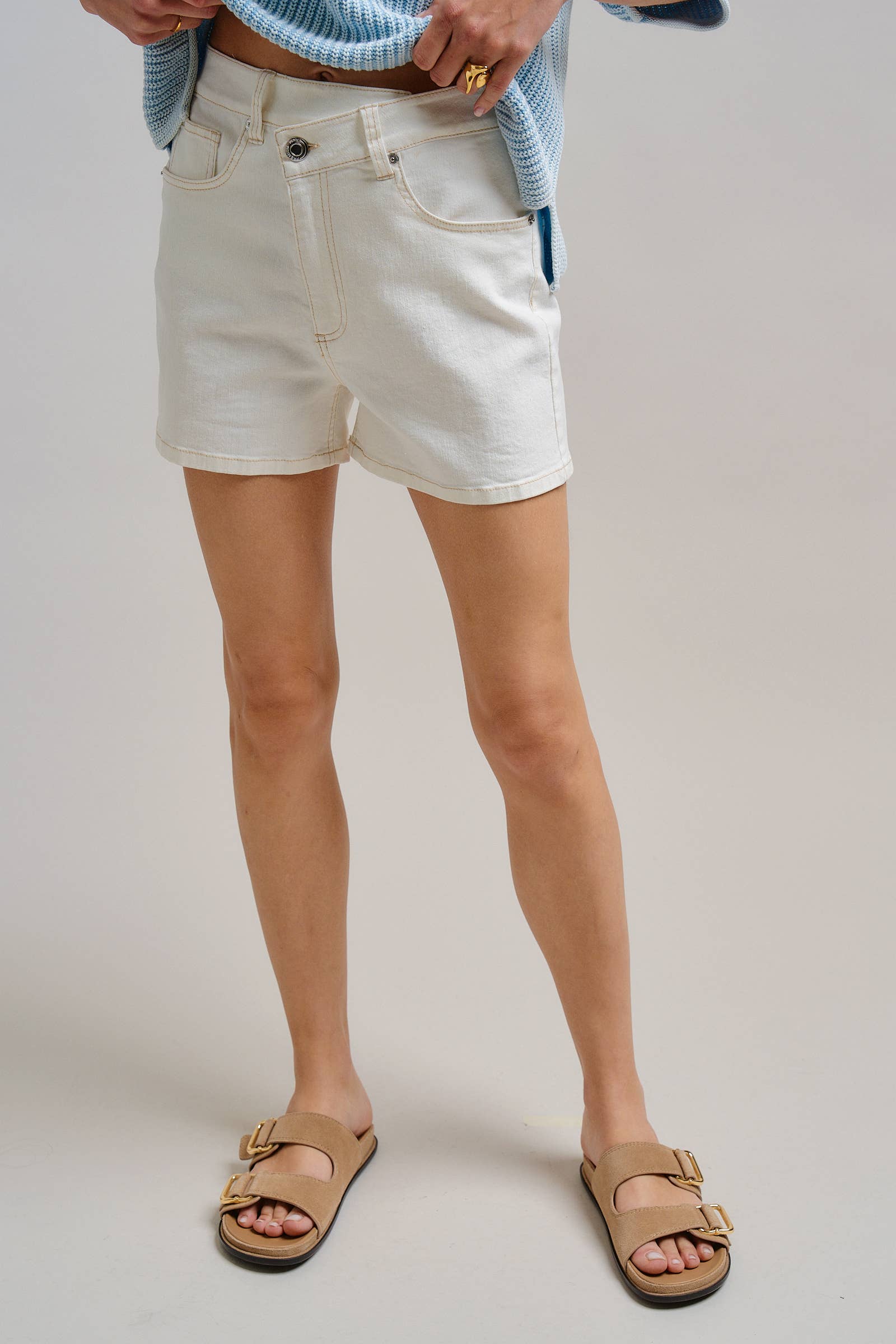 Urban Daizy Crossover Asymmetrical  Denim Shorts White Shorts - Women's (TNPT0825-White) – alternate view