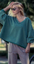 Relaxed Vintage V-Neck Oversized Sweatshirt in EMERALD GREEN - Women's Sweatshirts & Hoodies | Urban Daizy