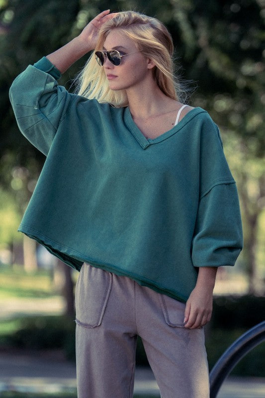 Relaxed Vintage V-Neck Oversized Sweatshirt in EMERALD GREEN - Women's Sweatshirts & Hoodies | Urban Daizy