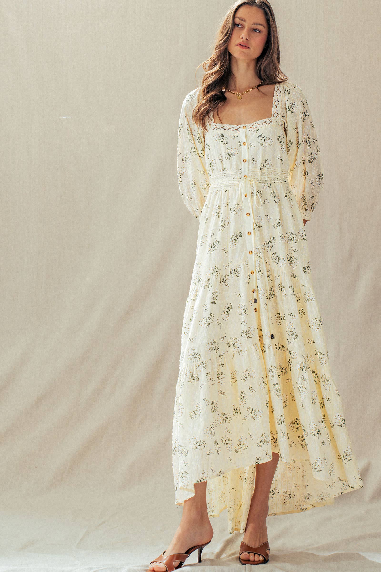 Floral Print Crochet Trim Balloon Sleeve Maxi Dress