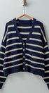 Urban Daizy Striped Cropped V Neck Embellished Button Cardigan Navy Ivory Cardigan - Women's (UDZ-KN-00501) – alternate…