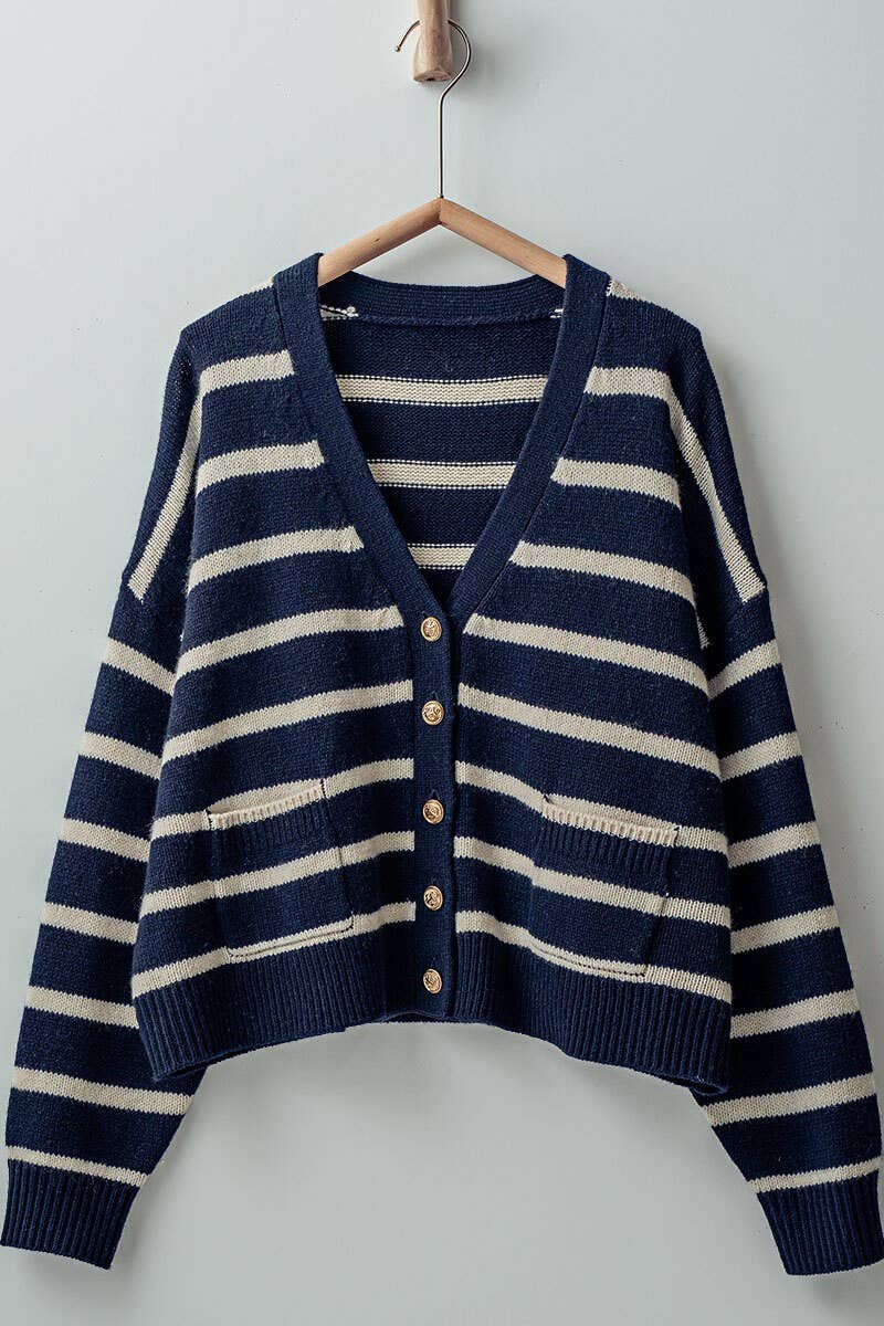 Urban Daizy Striped Cropped V Neck Embellished Button Cardigan Navy Ivory Cardigan - Women's (UDZ-KN-00501) – alternate…