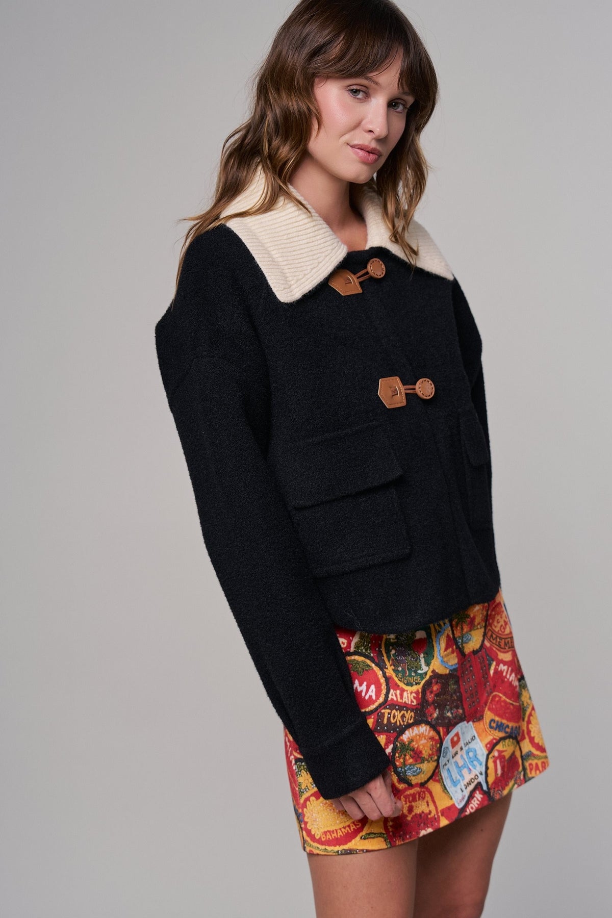 Toggle Front Sweater Jacket with Contrast Collar in BLACK - Women's Jackets & Blazers | Urban Daizy