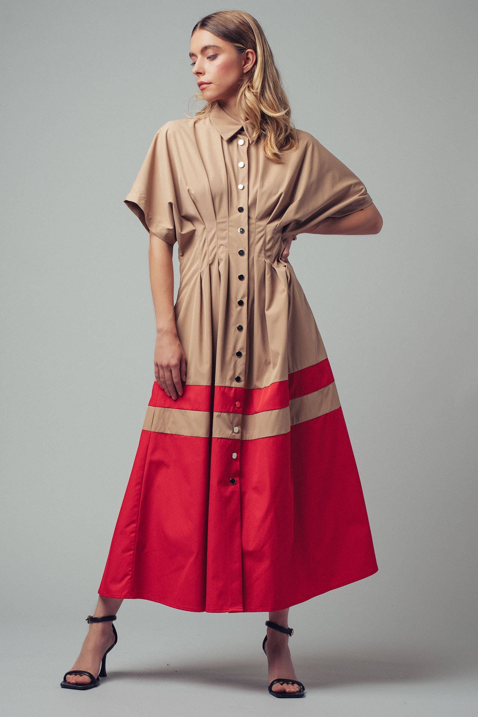 Colorblock Button-Up Cotton Midi Dress