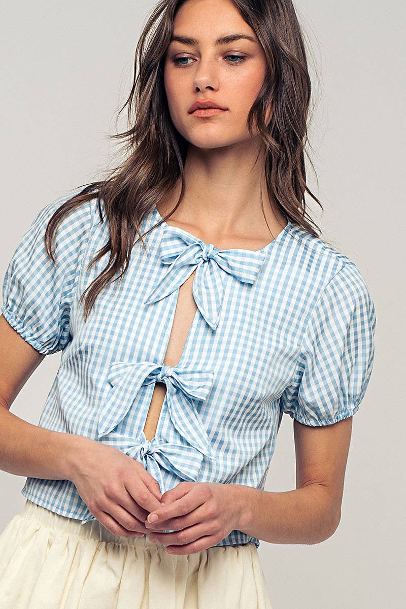 Urban Daizy Gingham Triple Bow Puff Sleeve Crop Top Pink Blouse - Women's (UDZ-TP-01033) – alternate view 25