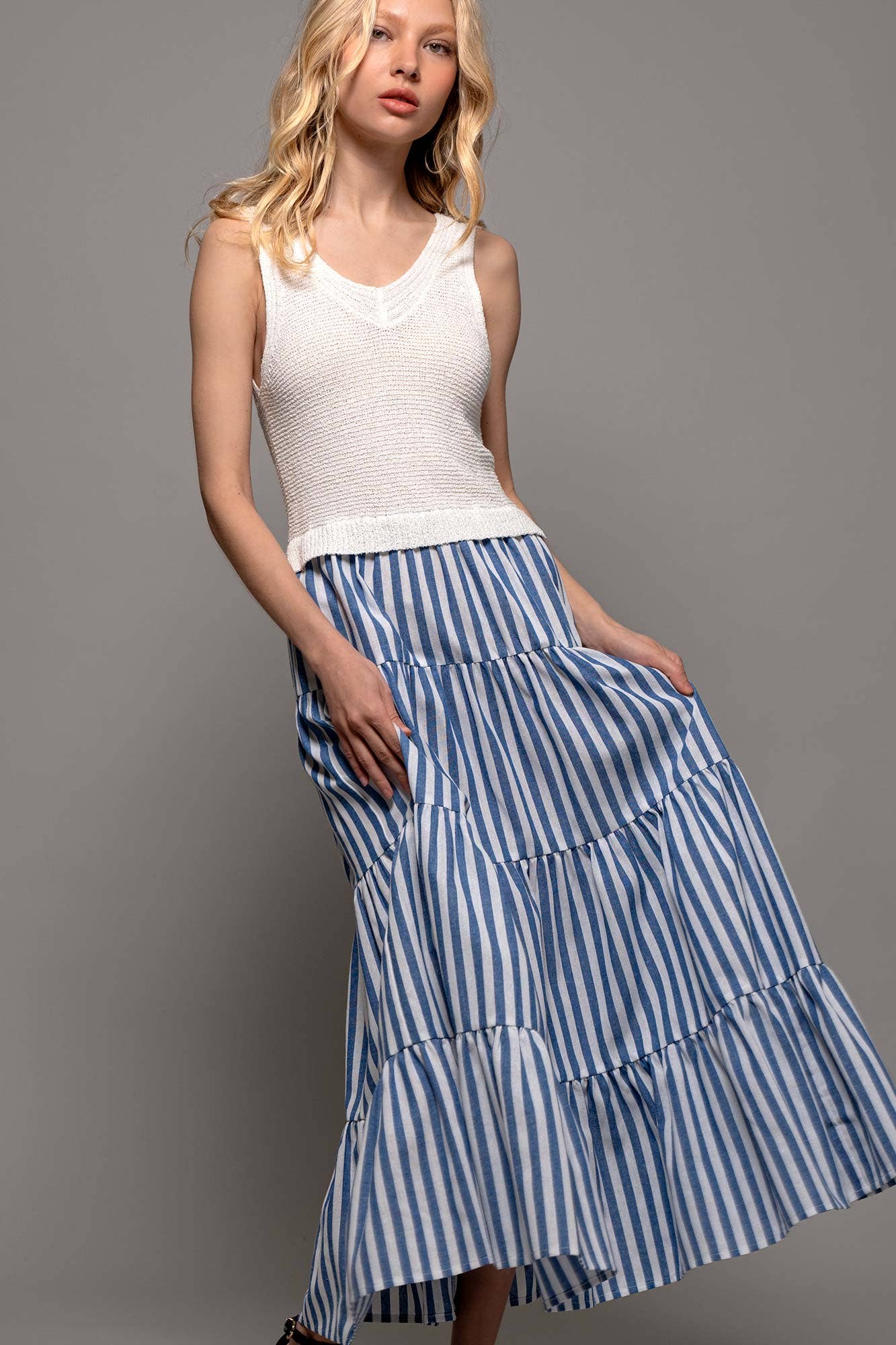 Urban Daizy Ribbed Bodice Striped Tiered Spring Maxi Dress Blue Dress - Women's (UDZ-DR-00178) – alternate view 16