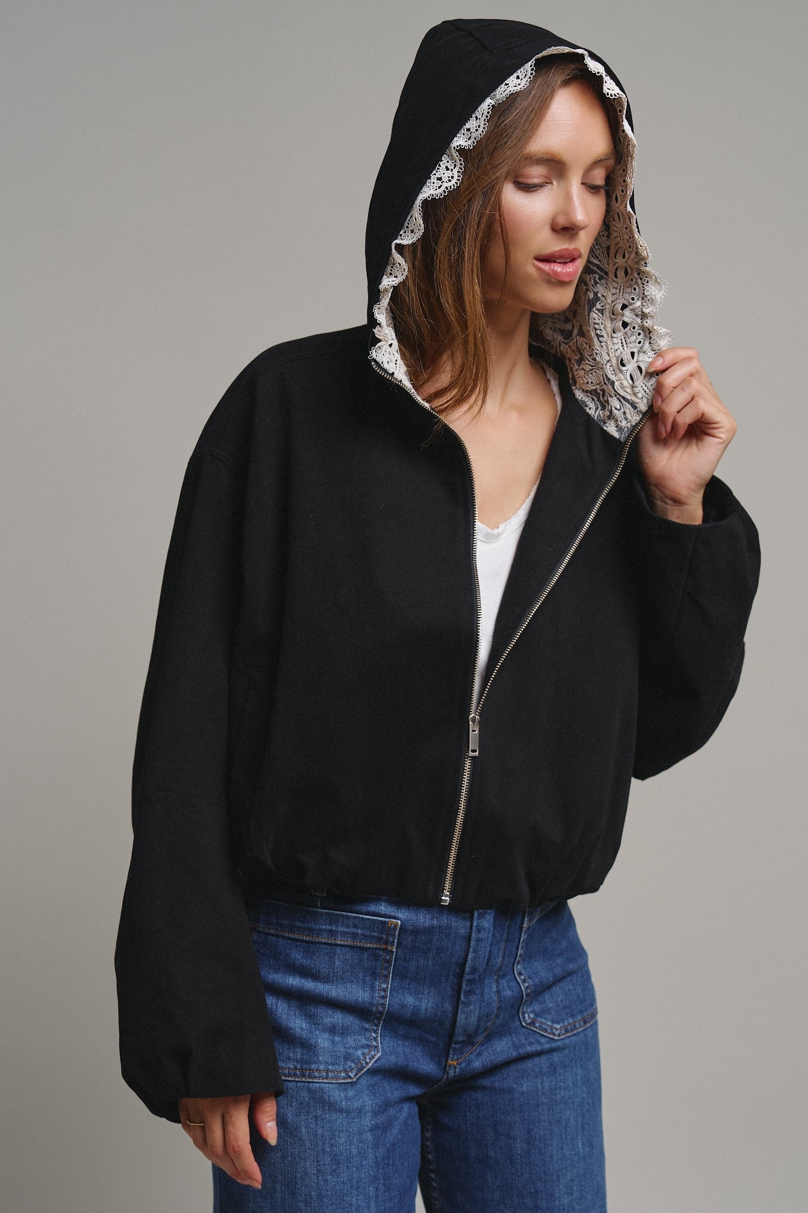 Oversized Hooded Zip-Front Cotton Jacket in BLACK - Women's Jackets & Blazers | Urban Daizy