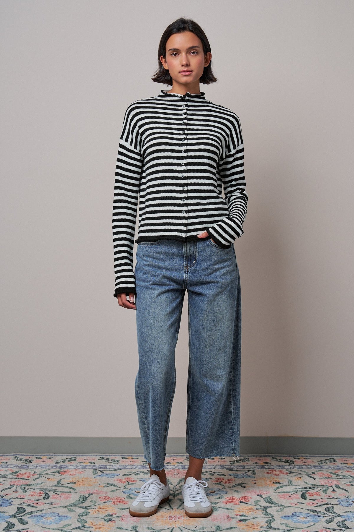 Striped Polo Collar Button Sweater with Rolled Edges in IVORY BLACK - Women's Cardigans & Shrugs | Urban Daizy