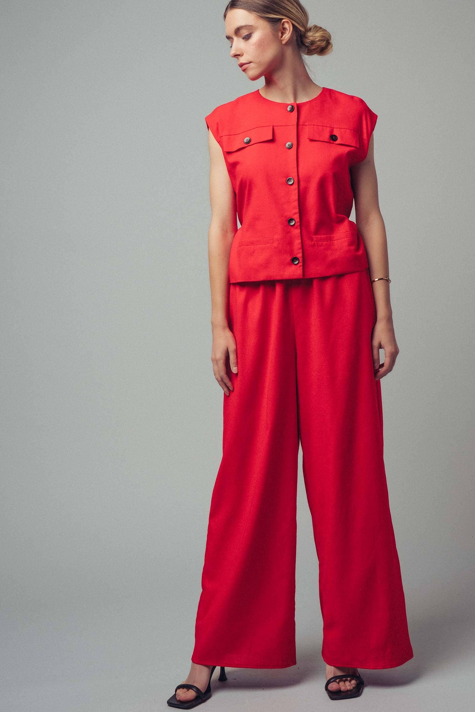 Tie-Waist Sleeveless Wide-Leg Linen Blend Jumpsuit