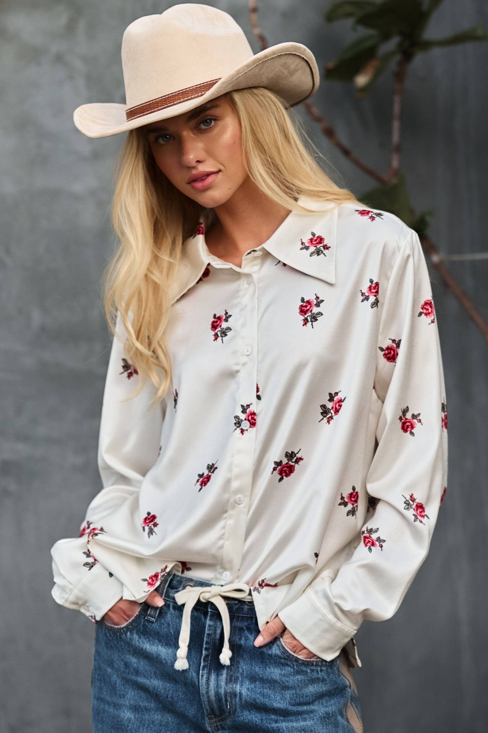 Rose Print Satin Button-Up Blouse