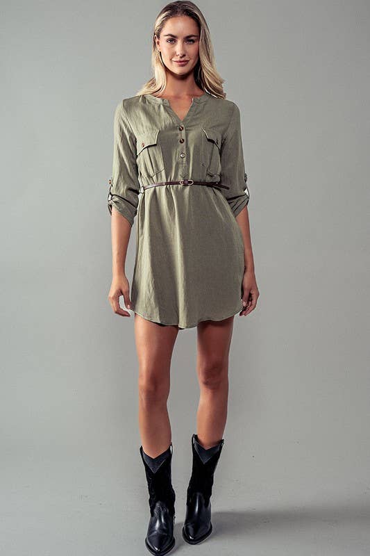 Utility Pocket Belted Henley Mini Dress