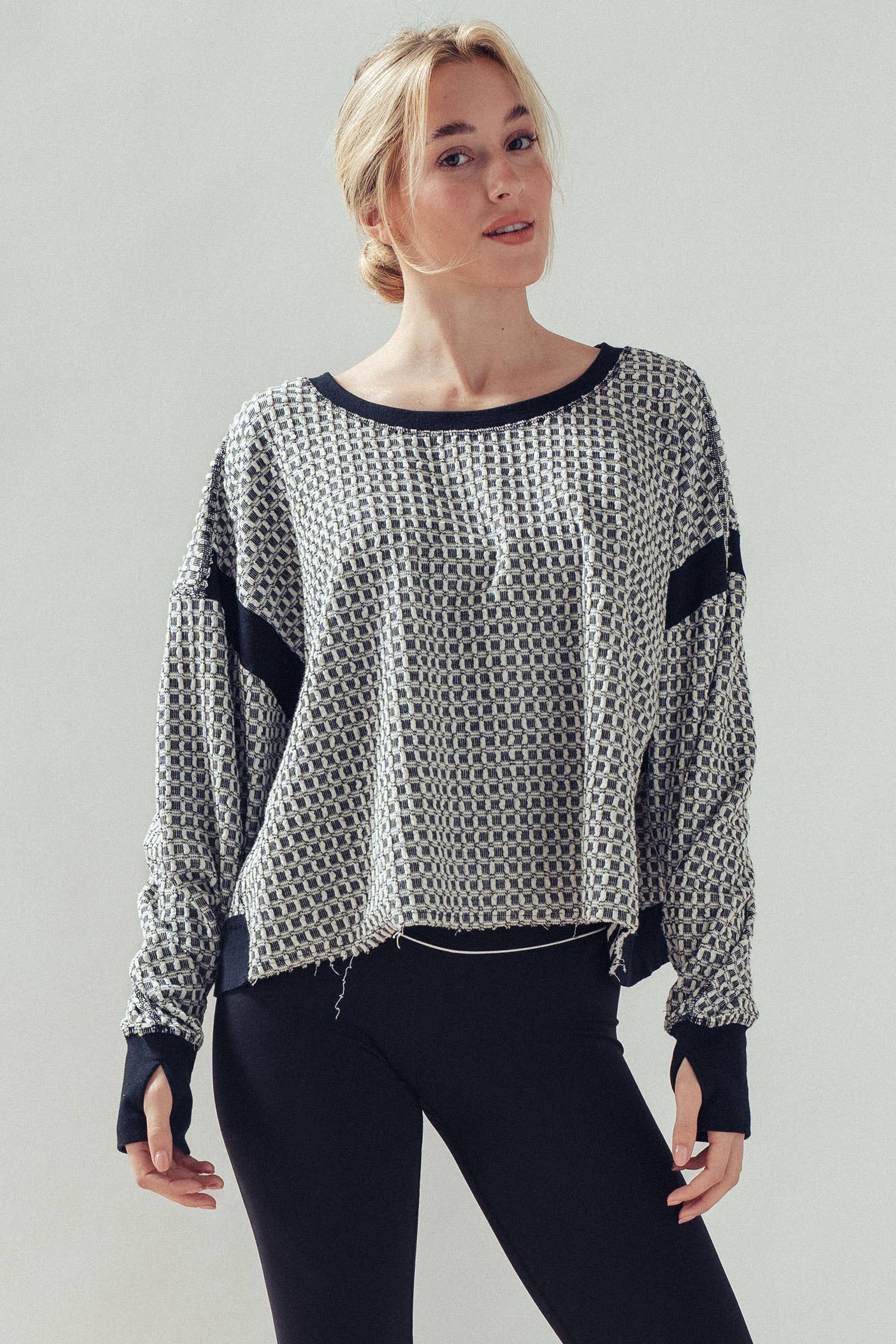 Reversible Textured Check Long Sleeve Pullover