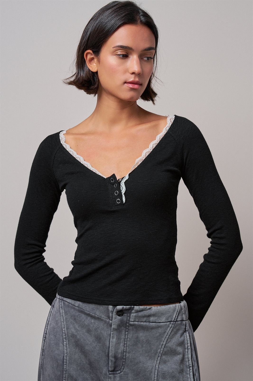 Pretty Little Lace Trim Henley in BLACK - Women's T-Shirts & Polos | Urban Daizy