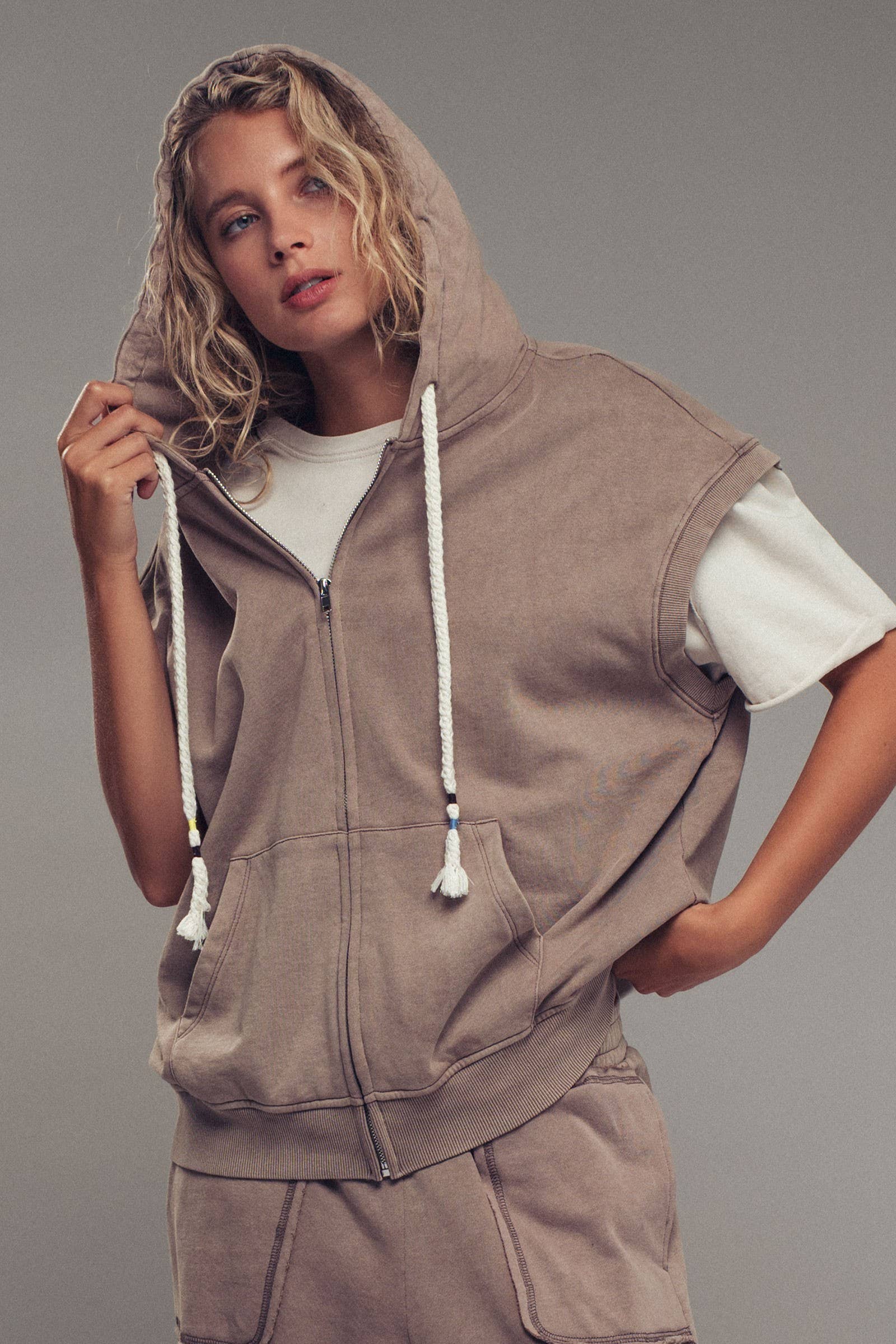 Vintage-Wash Sleeveless Terry Hoodie