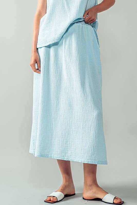 Urban Daizy Soft Double Gauze Elastic Waist Midi Skirt Blue-Sage Skirt - Women's (UDZ-SK-00060)