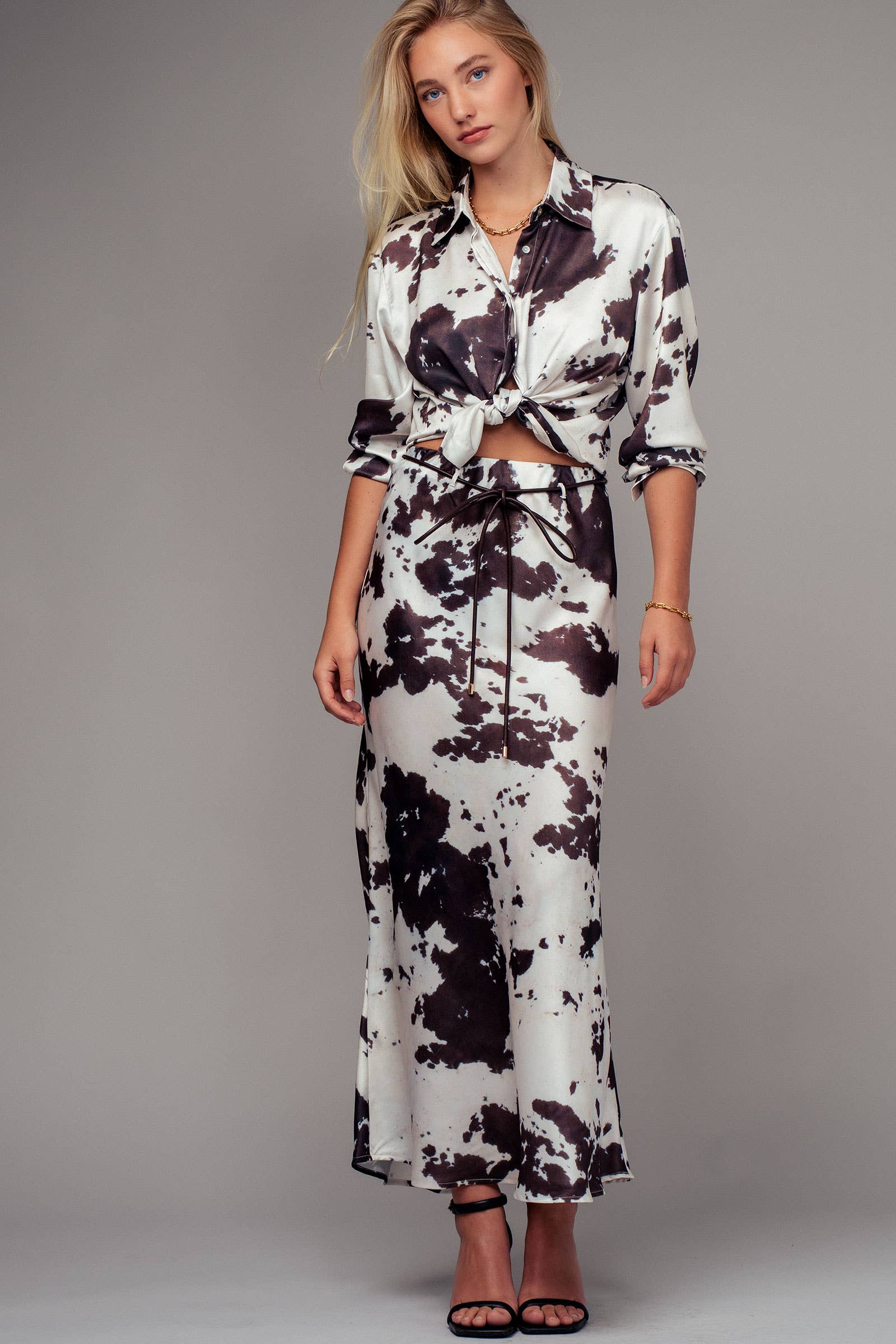 Urban Daizy Cowhide Print Satin Drawstring Midi Skirt Black Skirt - Women's (UDZ-DR-00390) – alternate view 12