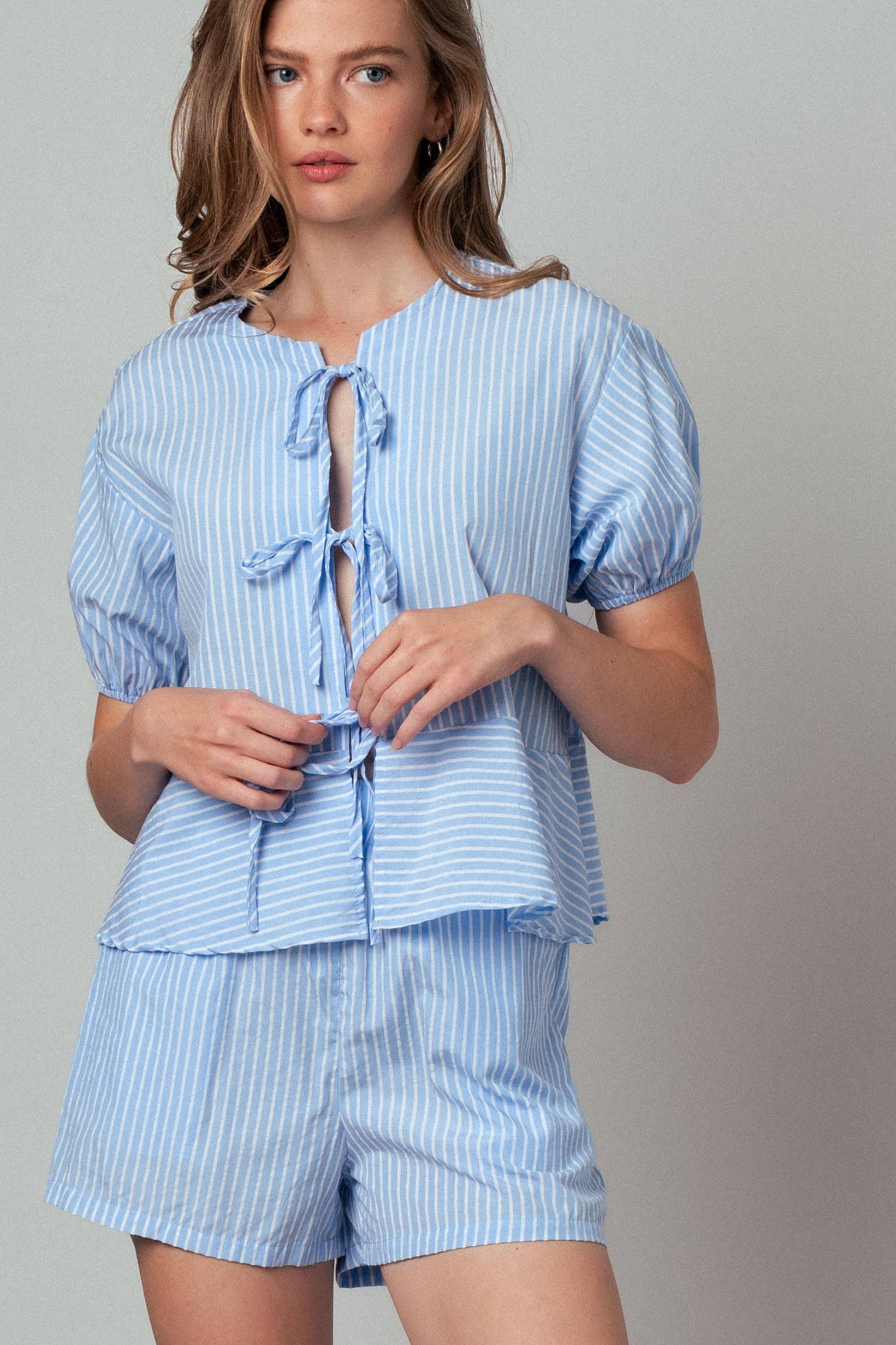 Urban Daizy Striped Tie-Front Puff Sleeve Two-Piece Set Sage-Stripe Top & Short Set (NOT Loungewear) - Women's (UDZ-AC-00224) – alternate view 10