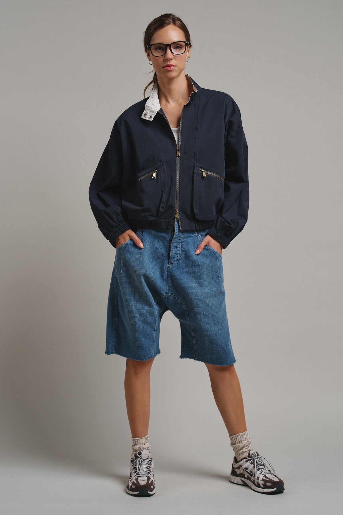 Cropped Zip Bomber Jacket in NAVY - Women's Jackets & Blazers | Urban Daizy