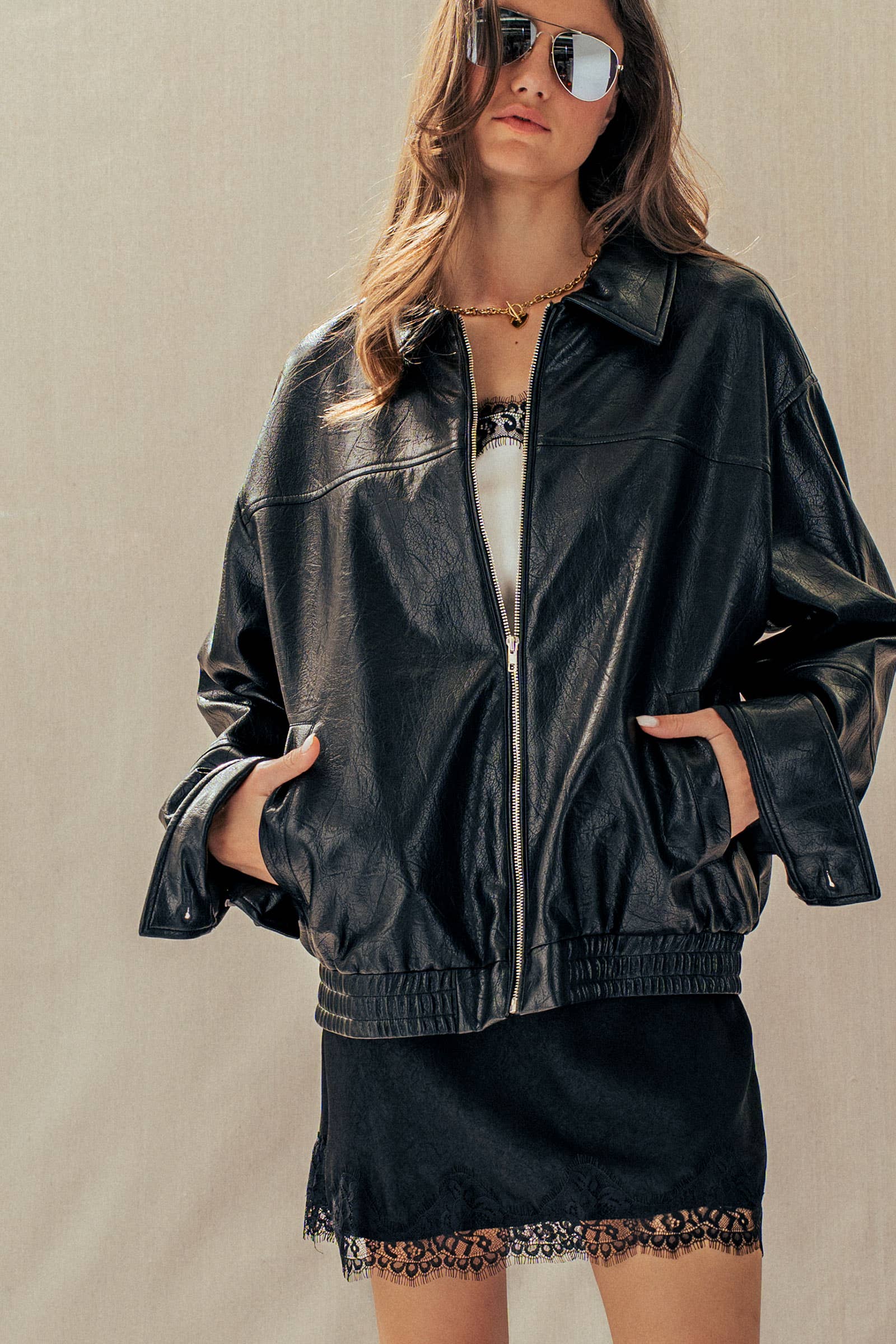 Relaxed Faux Leather Zip-Up Statement Jacket