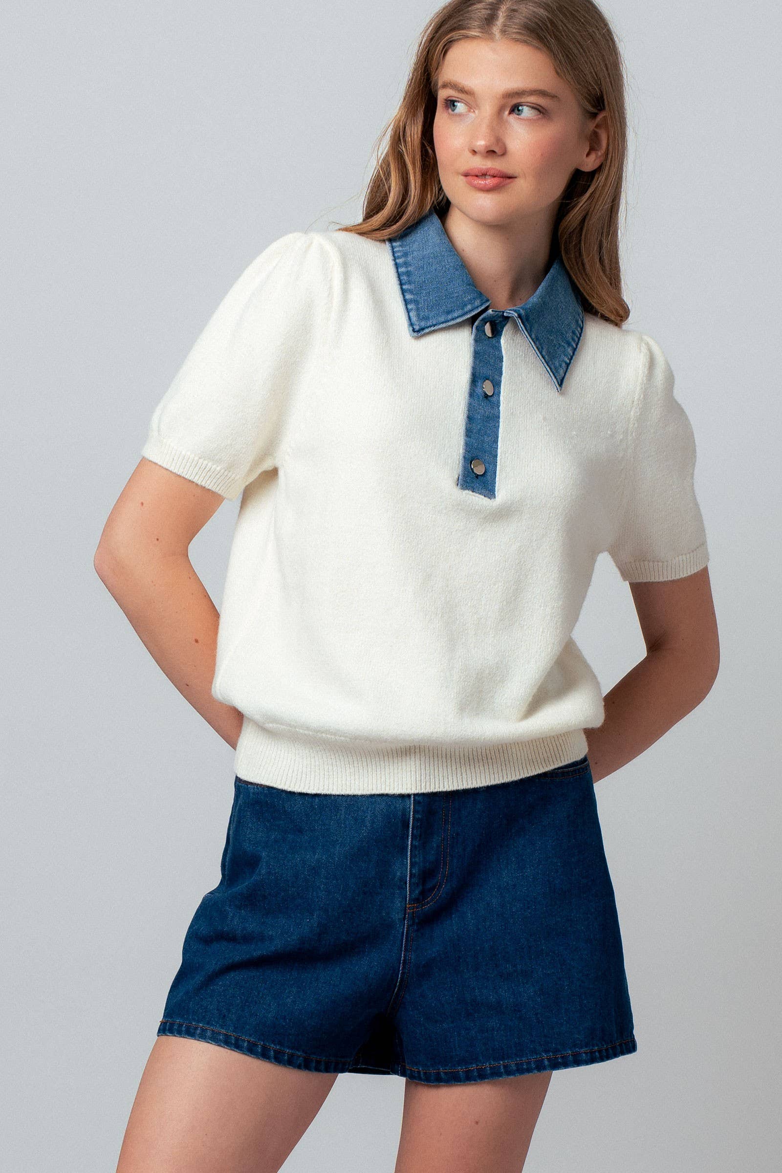 Contrast Denim Collar Knit Sweater Top