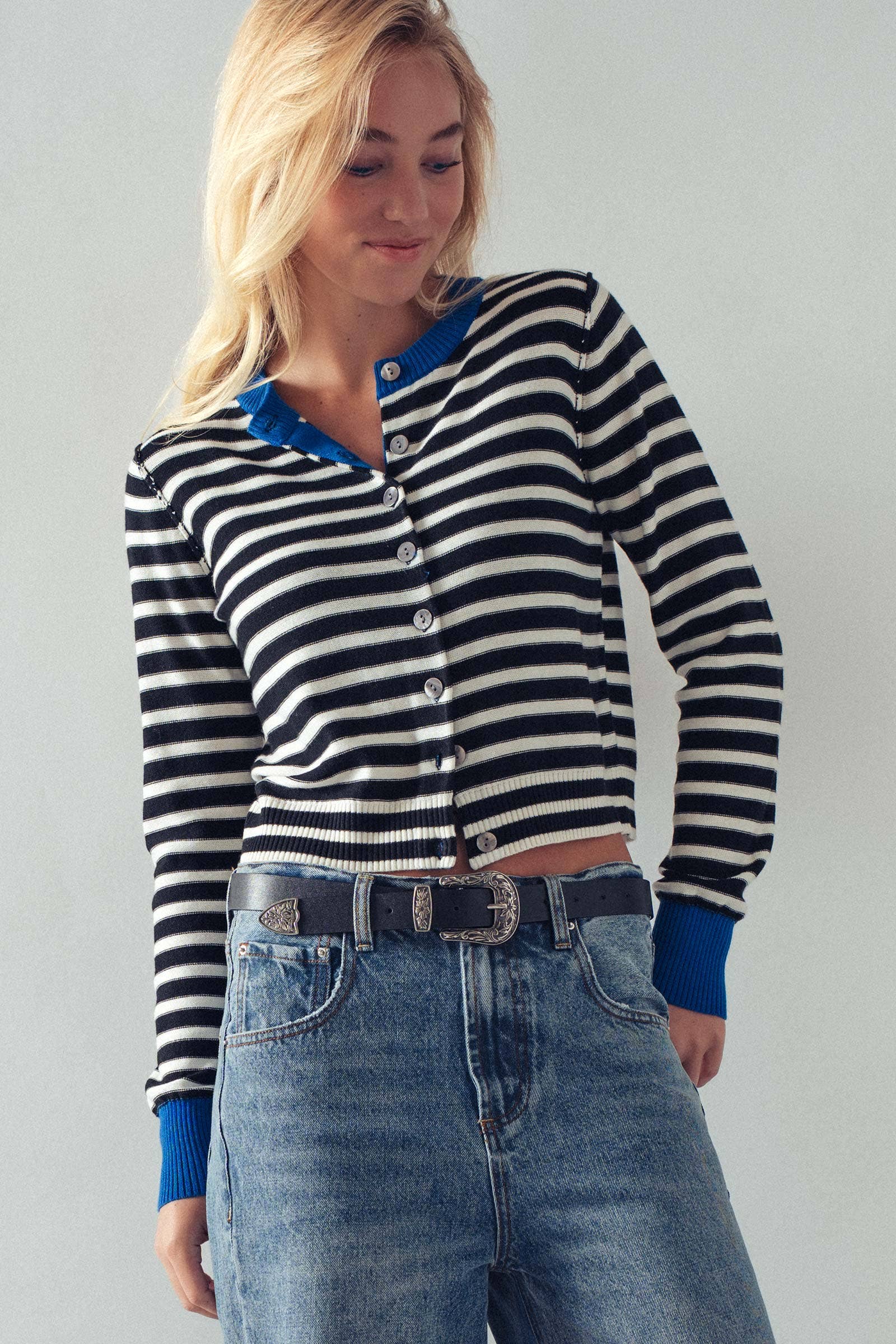 Striped Knit Cropped Button-Up Cardigan