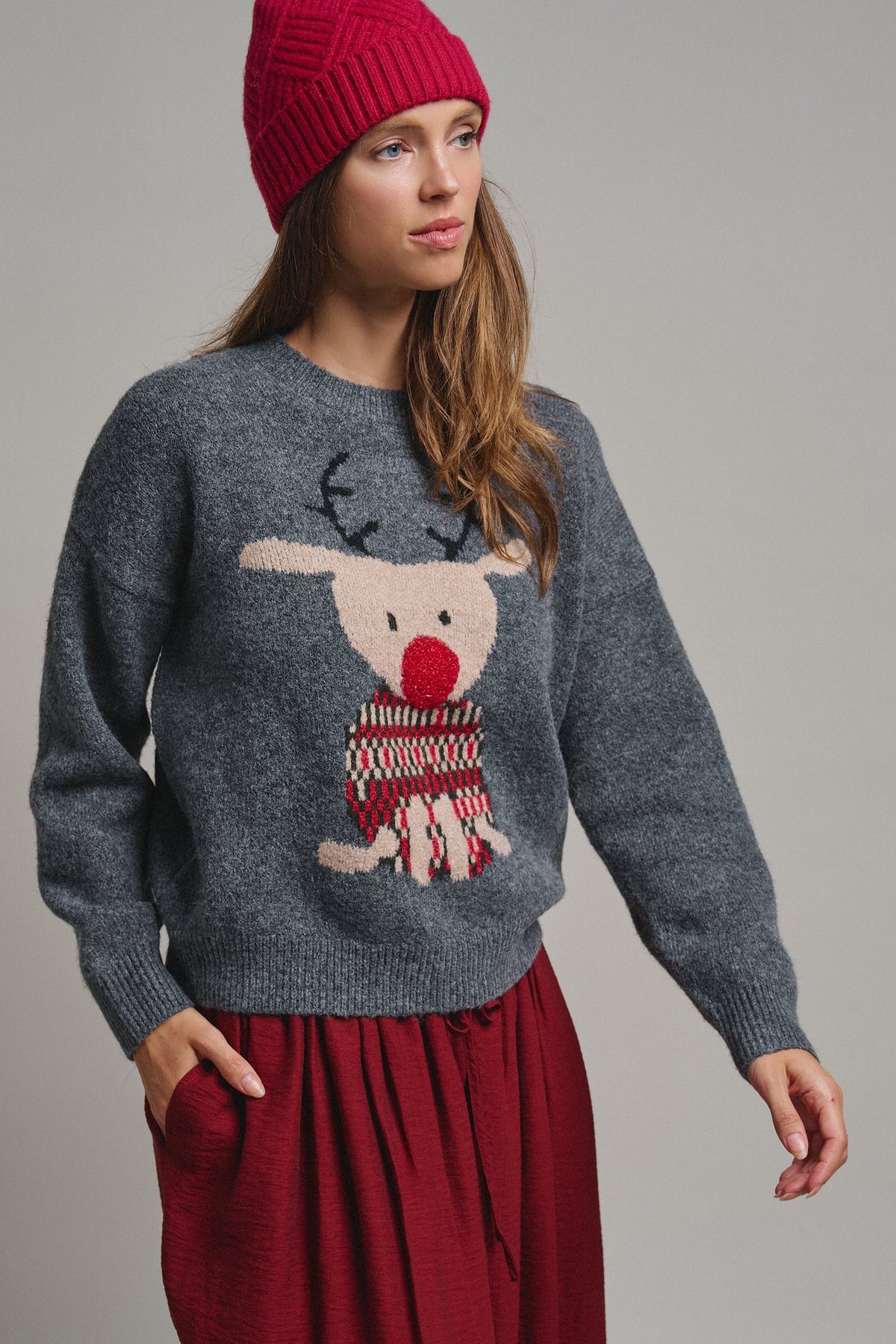 Rudolph Crewneck Knit Sweater in GREY - Women's Sweaters | Urban Daizy