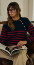 Striped Mock Neck Sweater with Gold Button Shoulder in RED/NAVY - Women's Sweaters | Urban Daizy