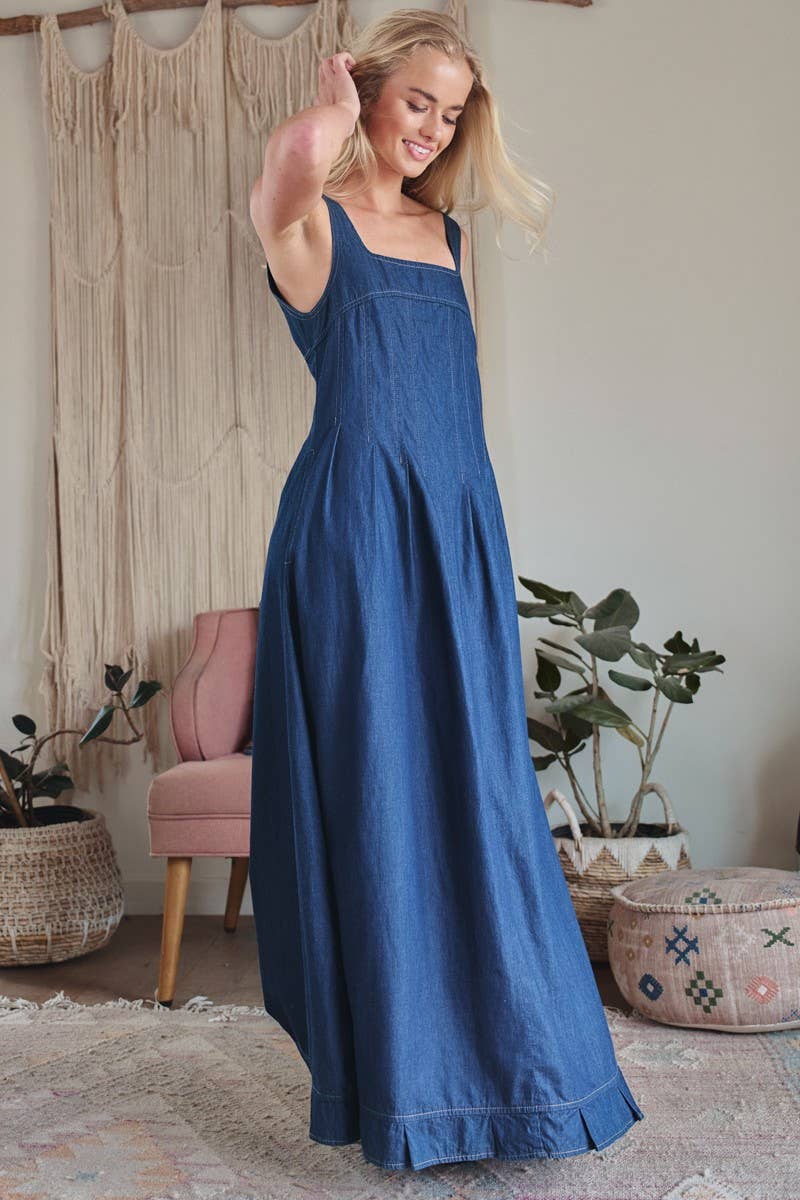 Smocked Back Denim Maxi Dress