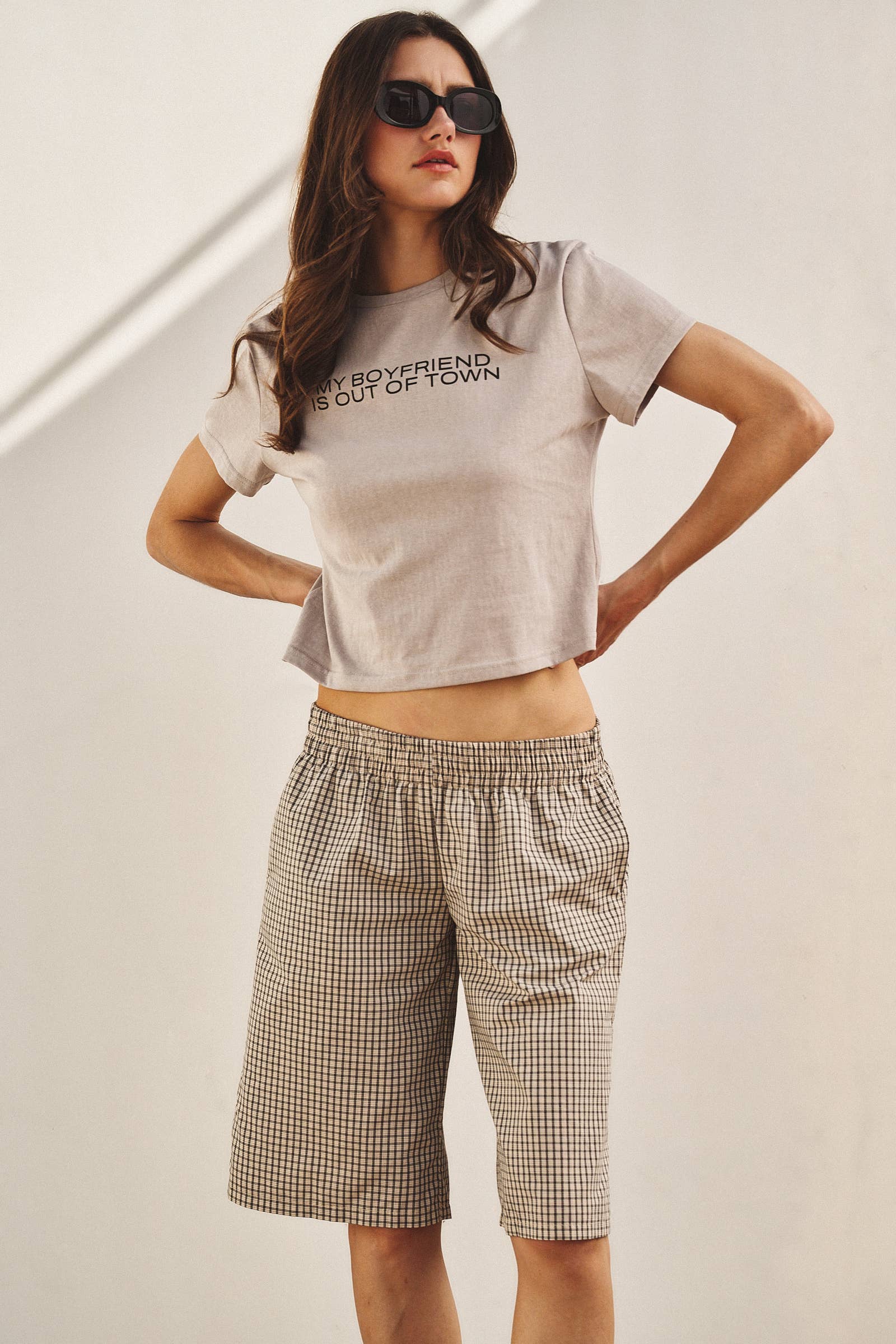 Urban Daizy Classic Check Print Elastic Bermuda Shorts Cream Shorts - Women's (UDPT0174-Cream) – alternate view 8