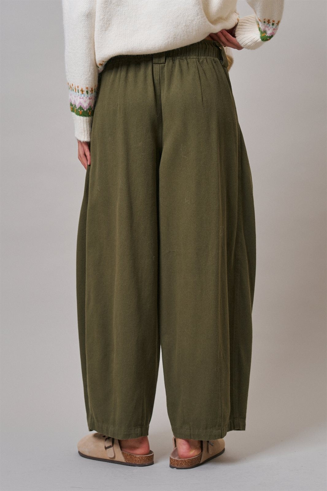 Pleated Wide-Leg Barrel Pant with Drawstring in OLIVE - Women's Casual Pants | Urban Daizy