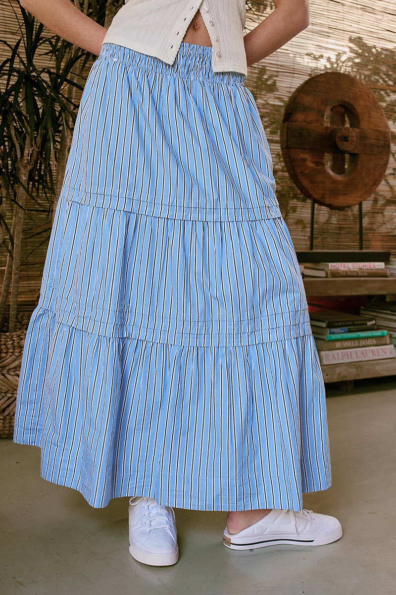 Striped Cotton Tiered Smocked Maxi Skirt