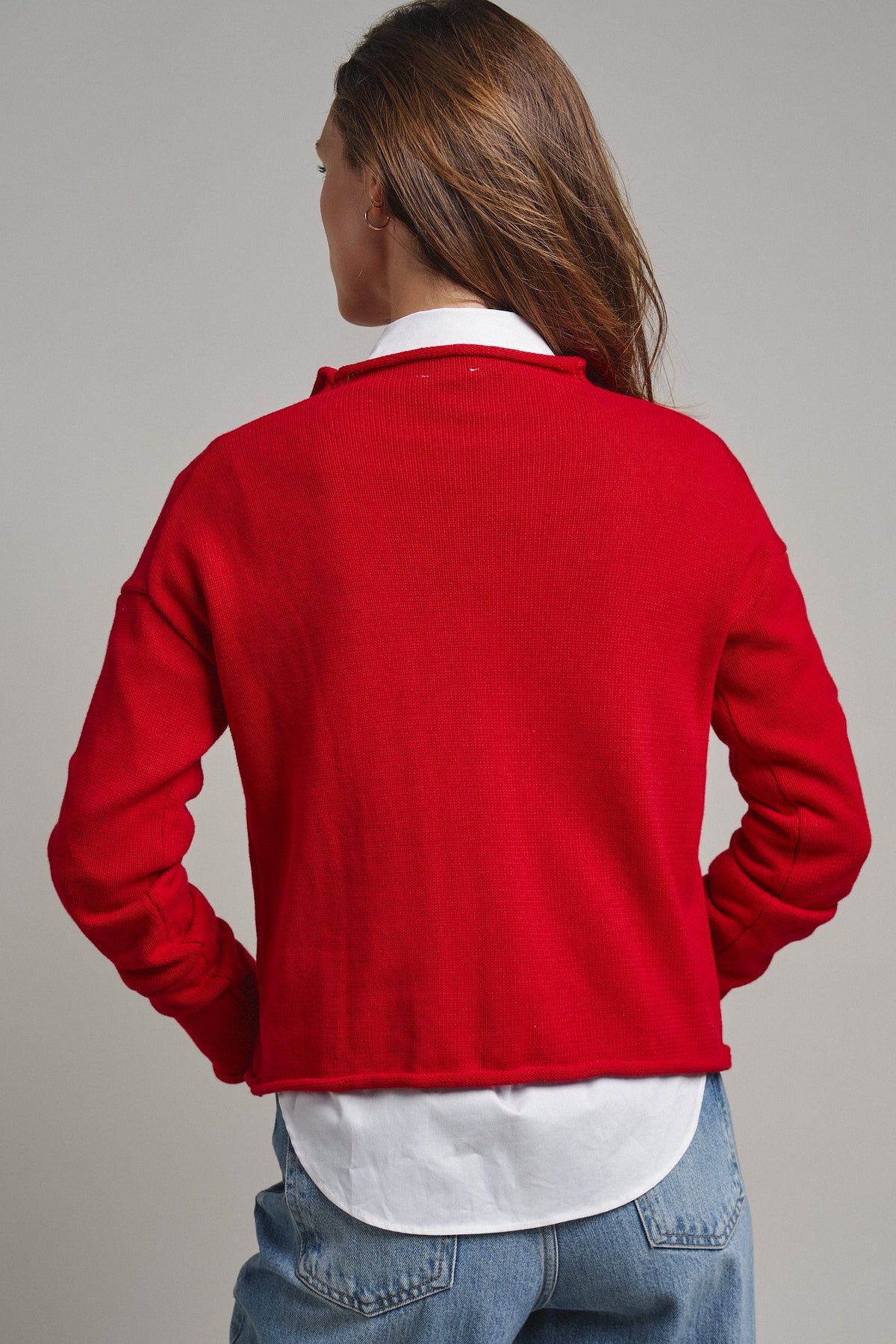 Striped Polo Collar Button Sweater with Rolled Edges in RED - Women's Cardigans & Shrugs | Urban Daizy