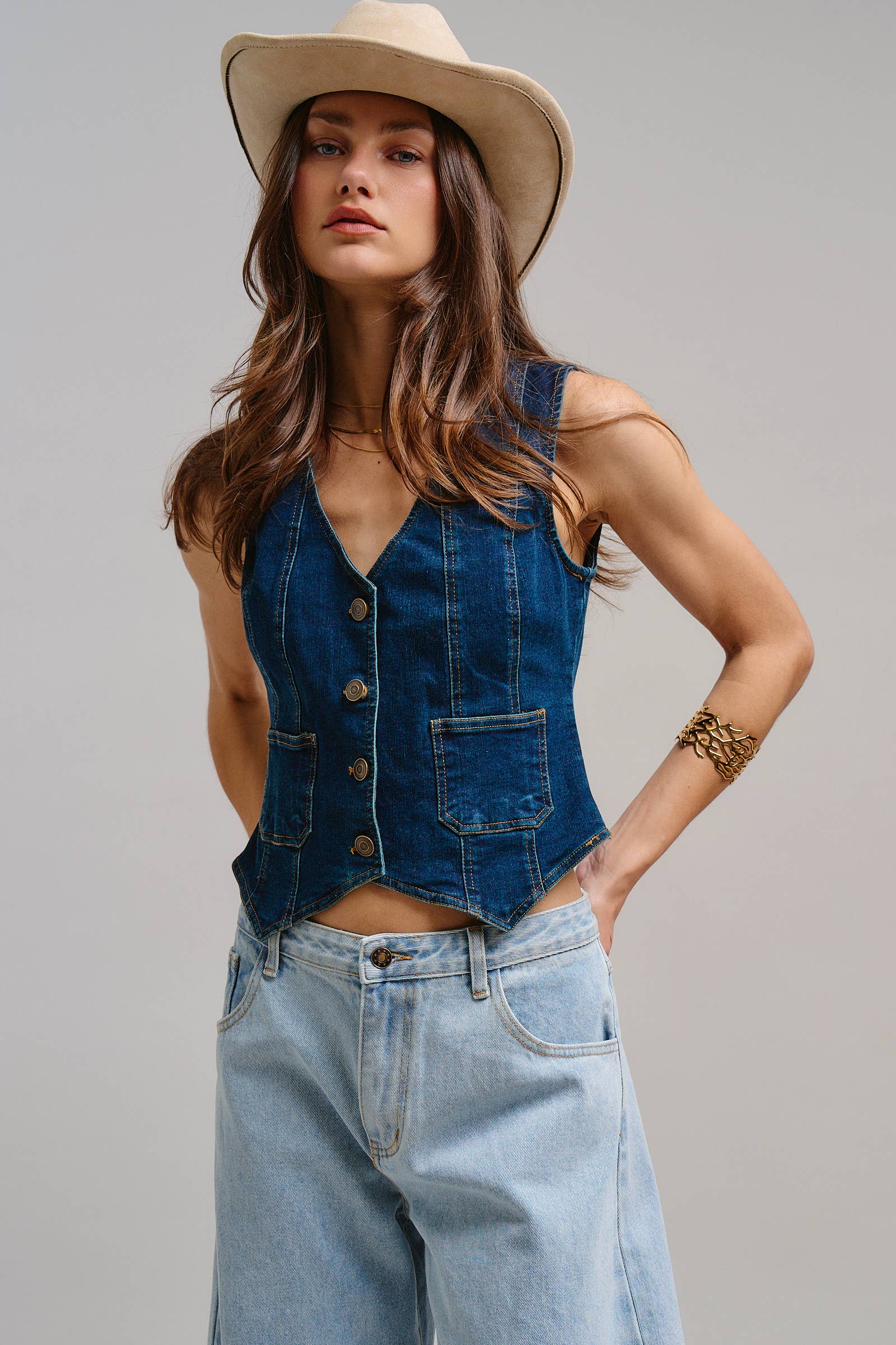 Fitted V-Neck Button-Front Denim Vest