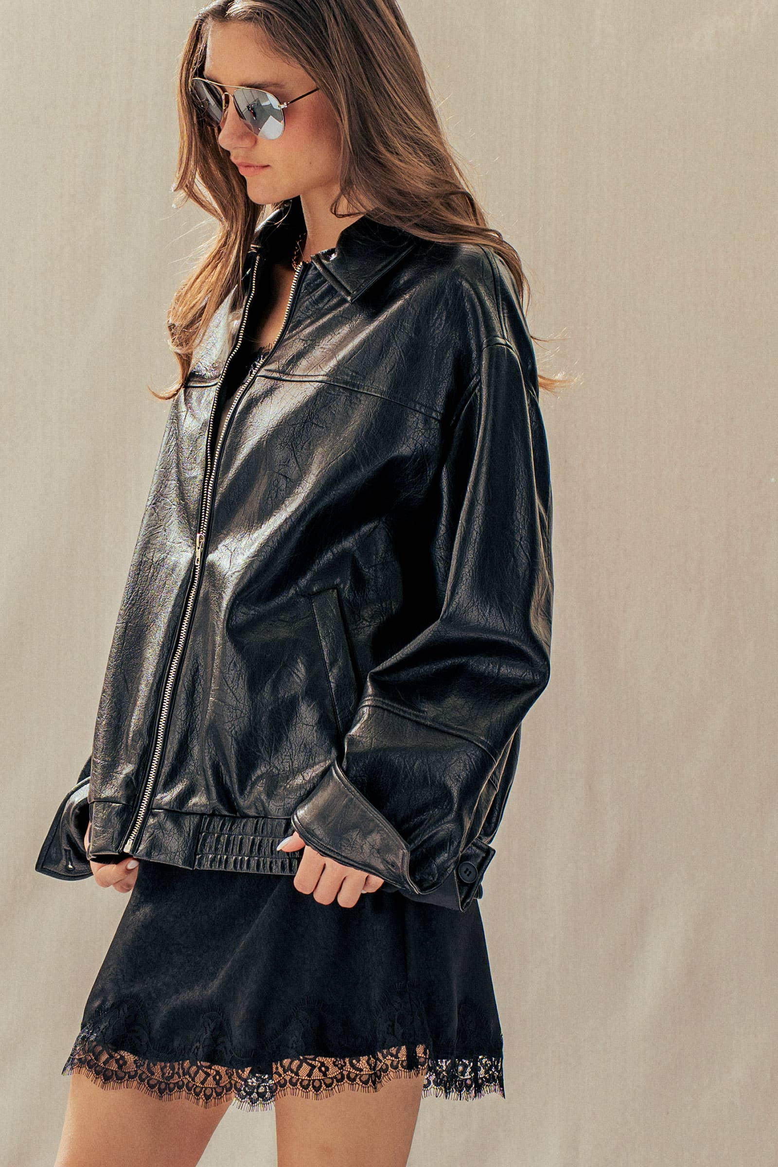Relaxed Faux Leather Zip-Up Statement Jacket