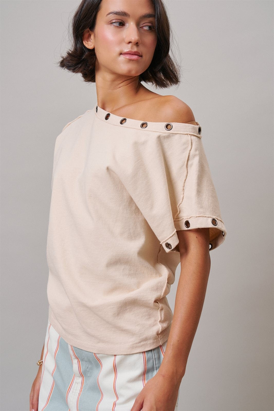 Grommet Trim Washed Cotton Boat Neck Top in CHALK - Women's T-Shirts & Polos | Urban Daizy