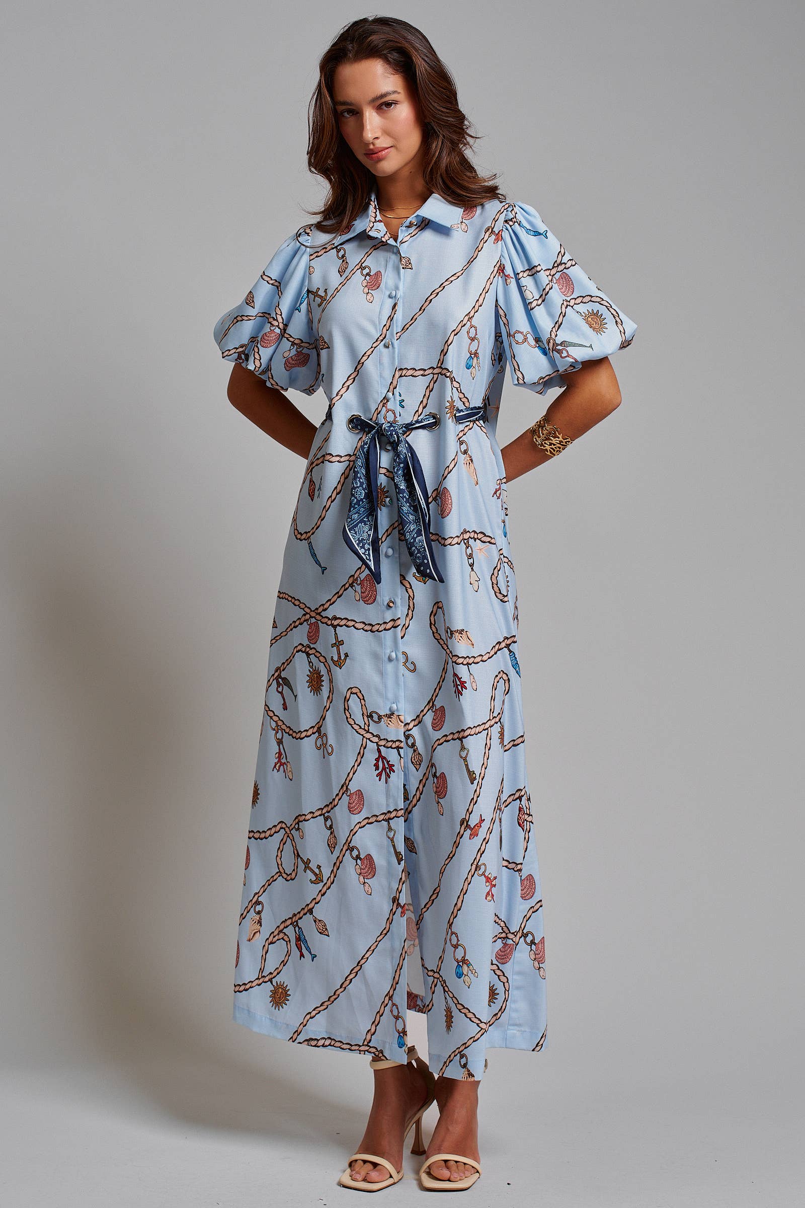 Nautical Motif Puff Sleeve Shirt Dress