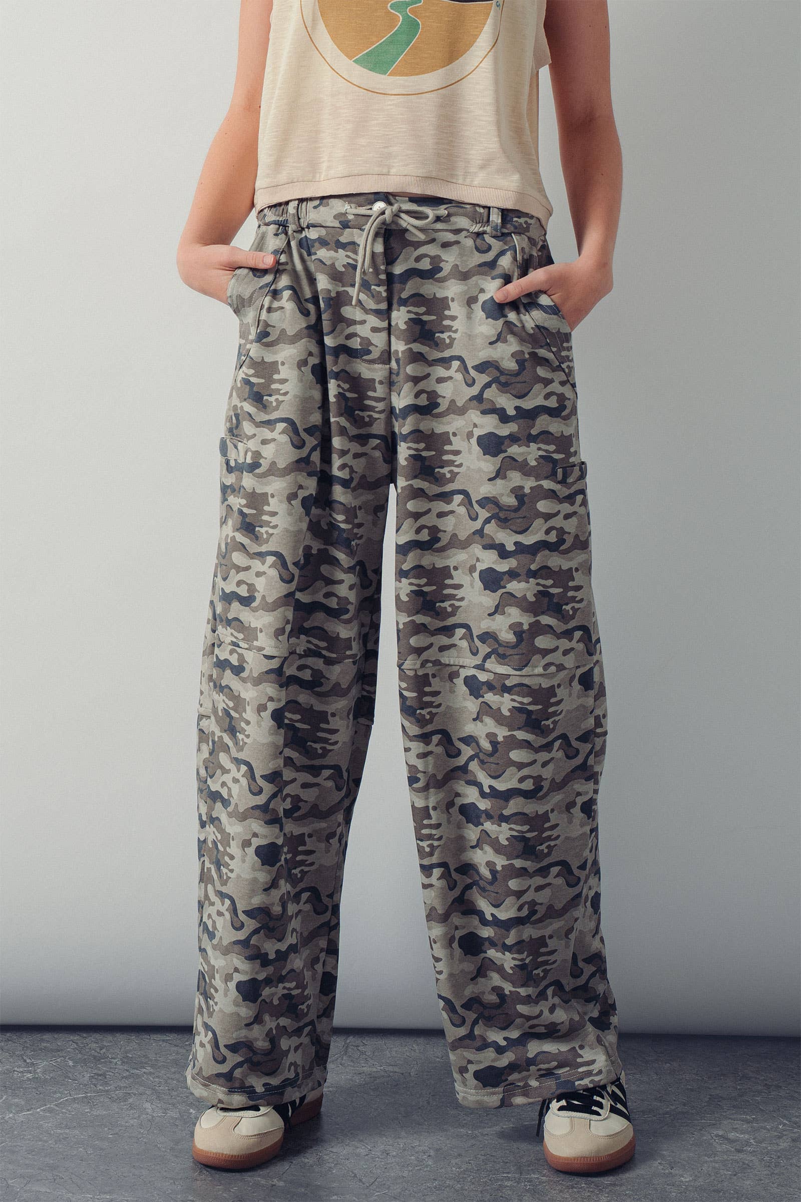 Camo Print Wide Leg Cargo Sweatpants