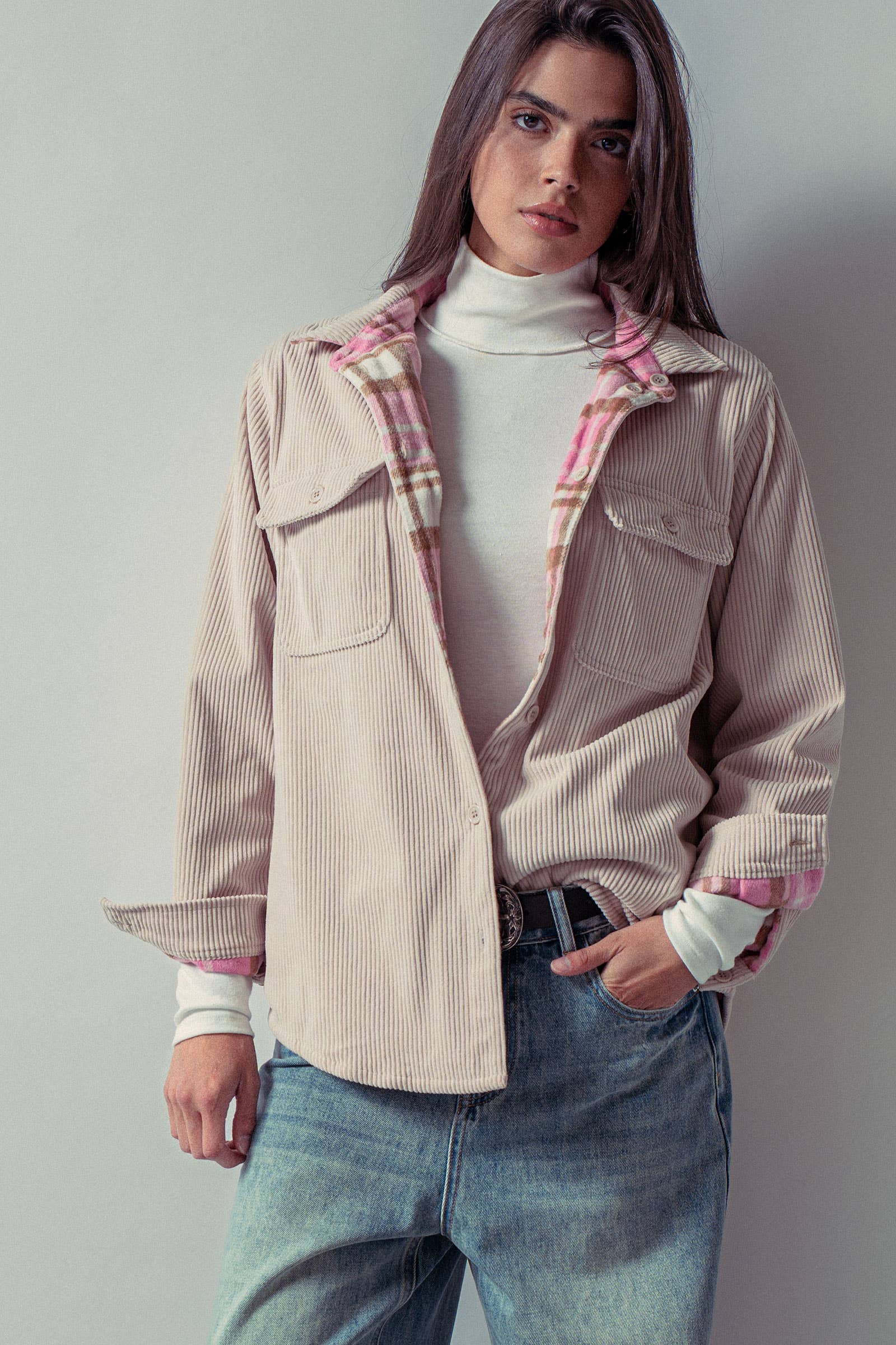 Urban Daizy Plaid Flannel-Lined Corduroy Shacket Taupe Shirt Jacket/Shacket - Women's (UDZ-KN-00150) – alternate view 21