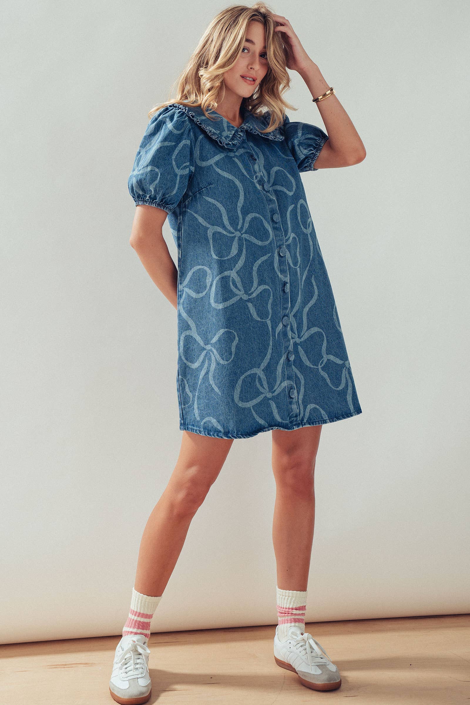 Bow Print Puff Sleeve Denim Mini Dress