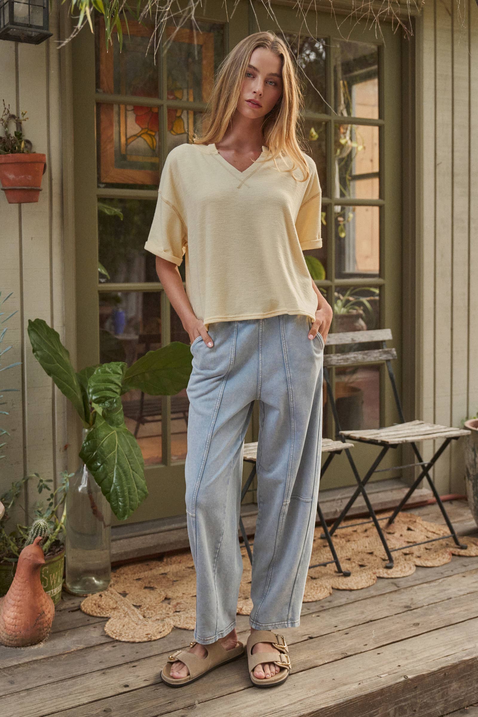 Urban Daizy Acid Wash Paneled Cotton Lounge Pants Lt-Blue Lounge Sweatpants/Joggers - Women's (TNPT0826-Lt-Blue) – alternate view 3