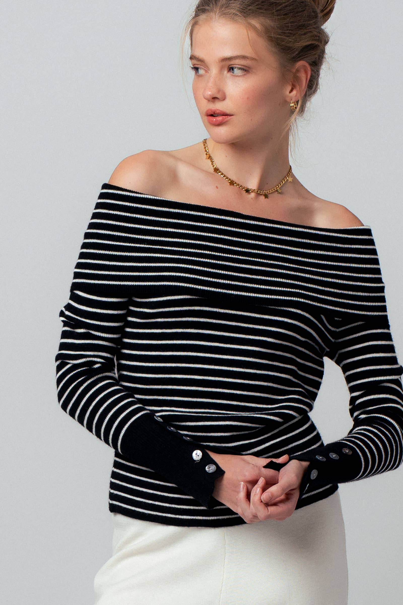 Off-Shoulder Striped Knit Top